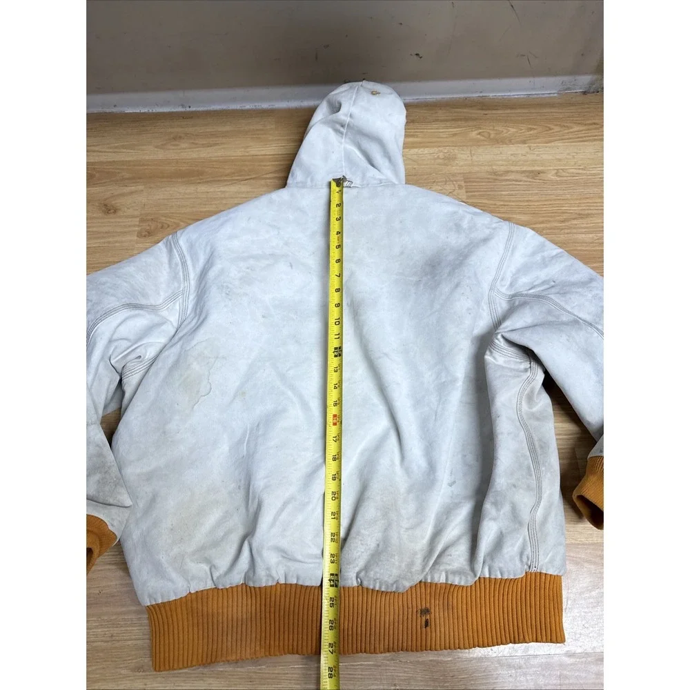 Vintage 90s Carhartt Hooded Jacket Quilt Lined Thrashed Off White Orange Trim
